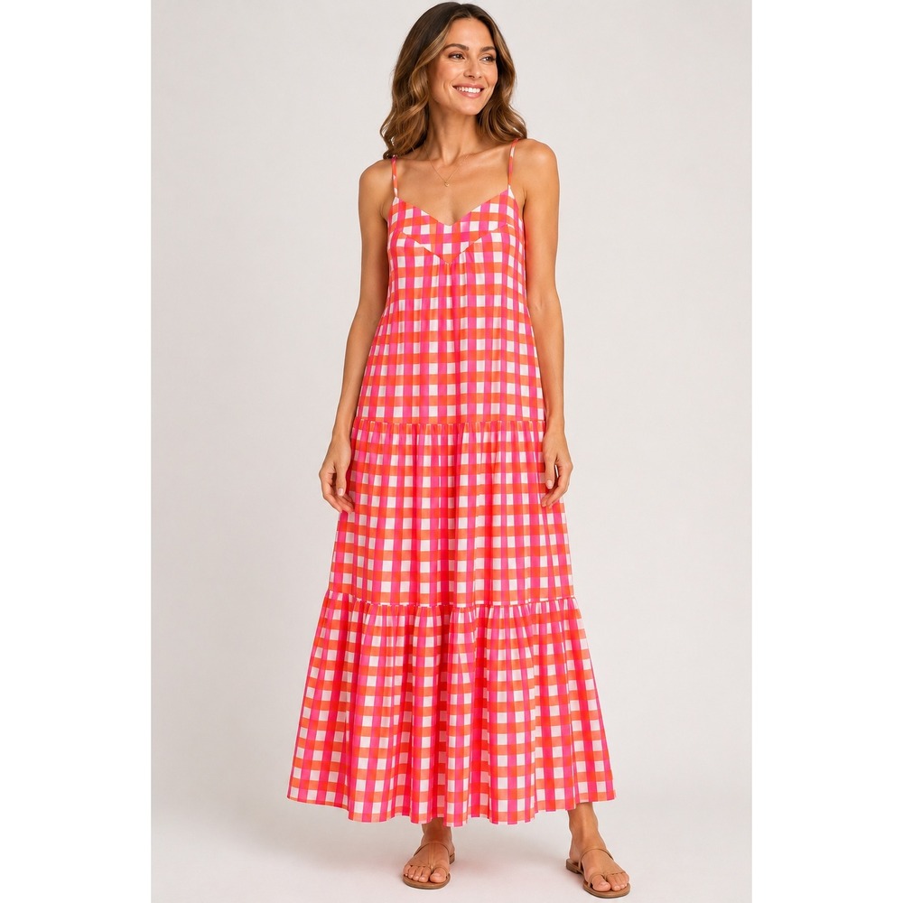 SZ Blockprints x J.Crew Tiered Gingham Maxi Dress Pink Orange Cotton Medium